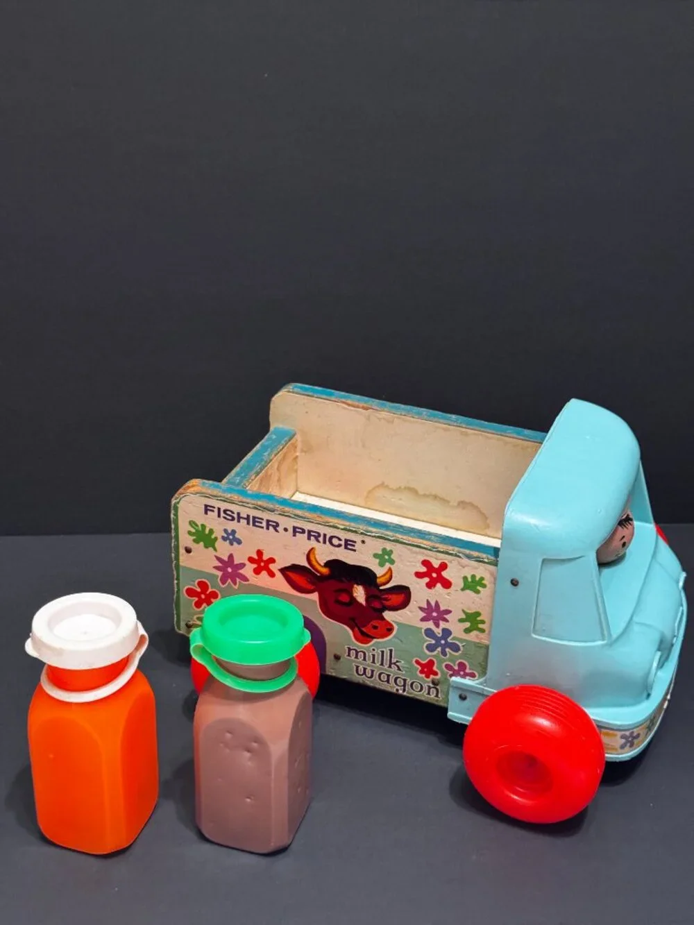 Fisher Price Pull Toy Milk Wagon 131 with Two Bottles, Vintage Circa 1965-1972